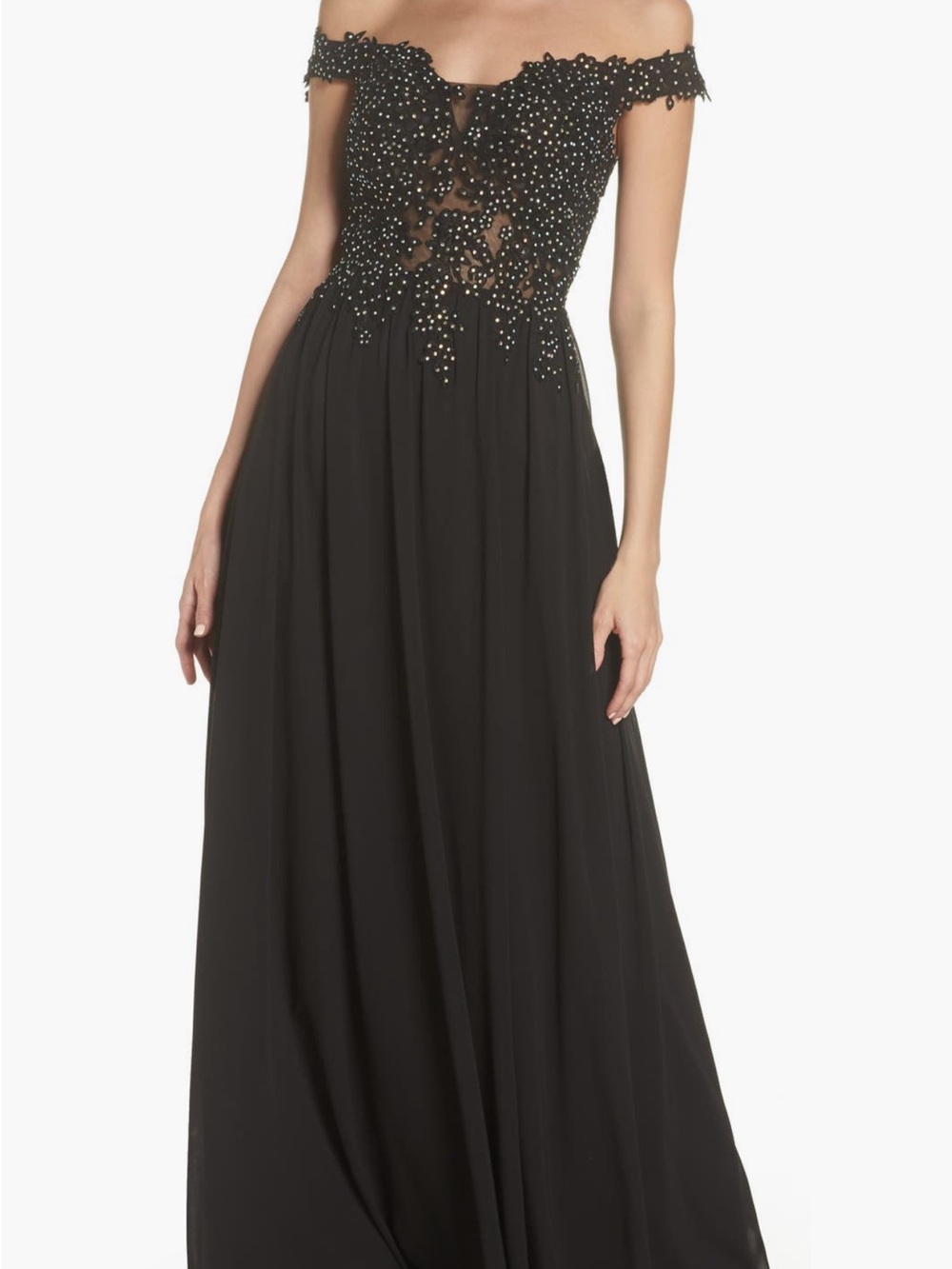 Blondie Nites Black Off-Shoulder Evening Gown with Beaded Bodice